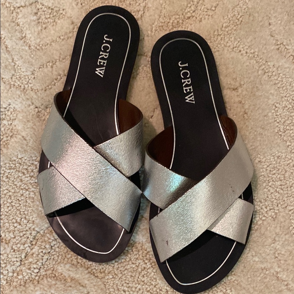J. Crew Silver Slide Sandals with Crisscross Straps